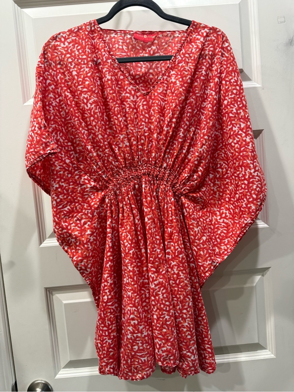 Lindsay Phillips Coral / Red Abstract Print Smocked Kaftan Dress M/L - Picture 3 of 10